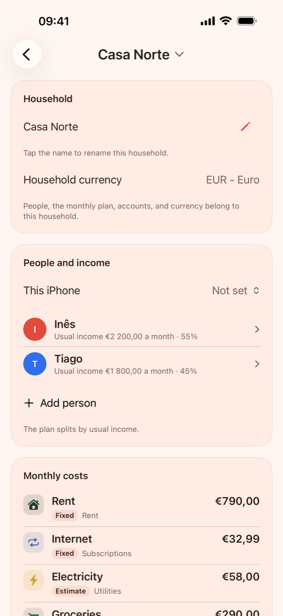 Household screen showing Inês at 55% and Tiago at 45% of income, with monthly costs below.