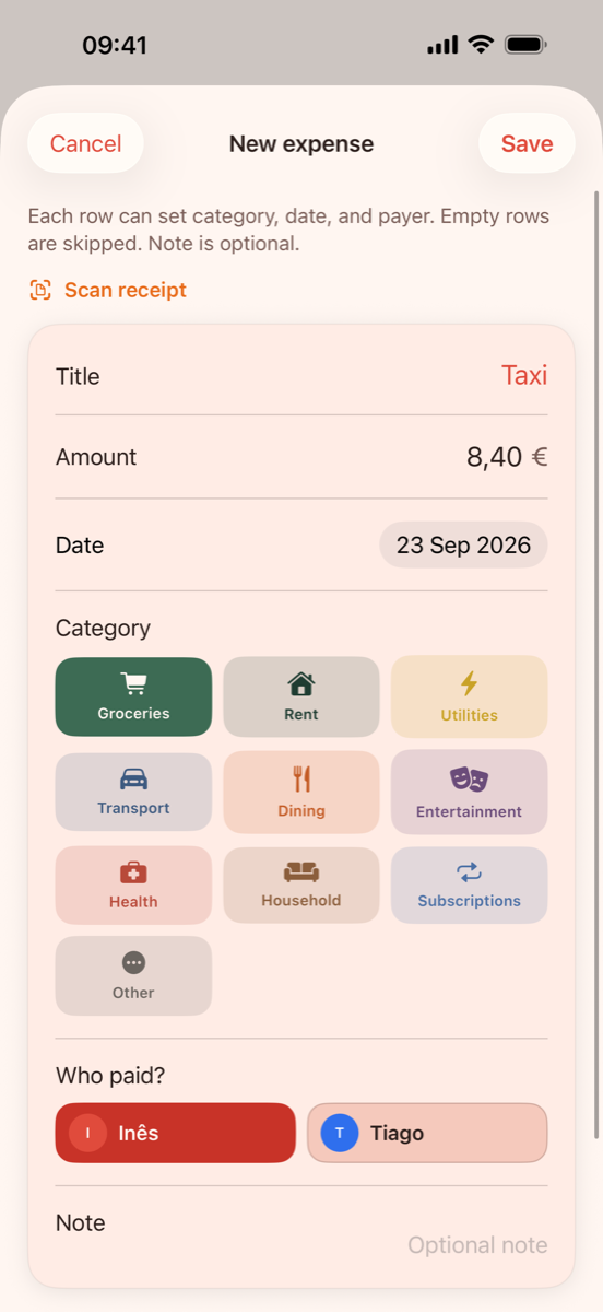 New expense sheet with Scan receipt, title, amount, date, category grid and who paid.