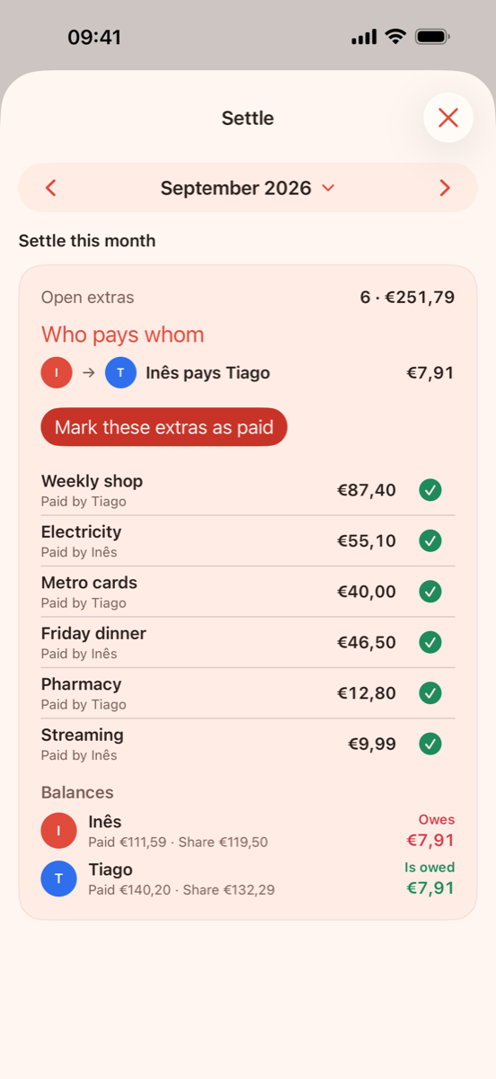 Settle screen: Inês pays Tiago €7,91, above the six open extras and each person's balance.
