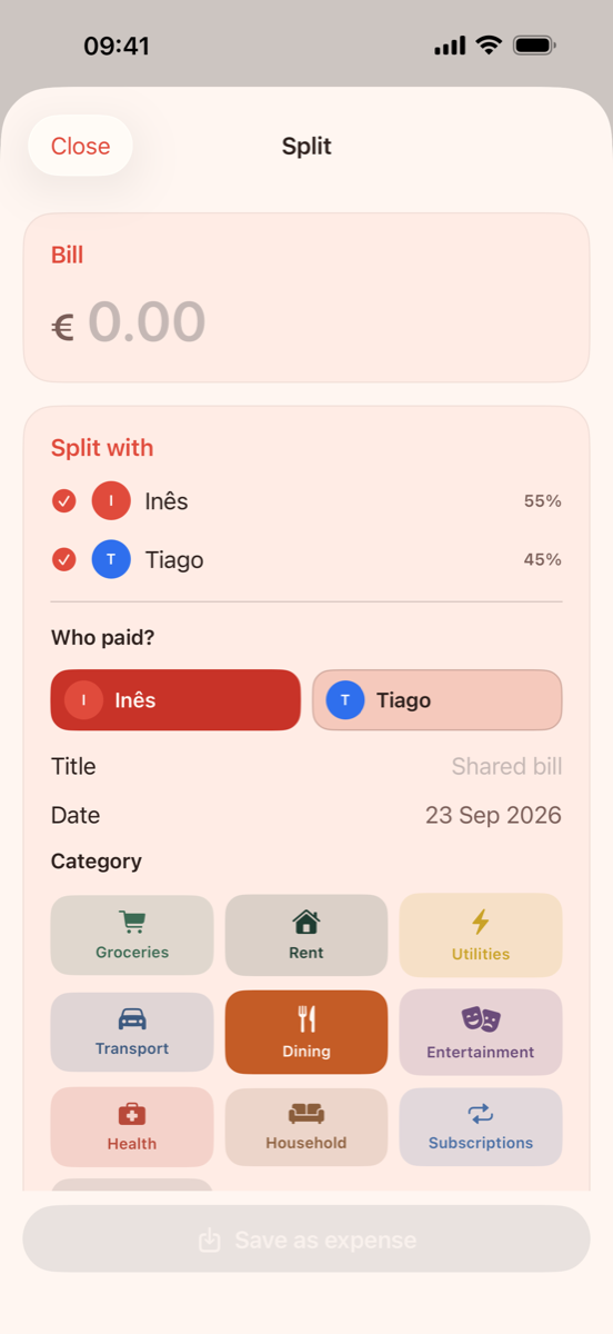Split screen with a bill amount, the people splitting at 55% and 45%, and who paid.
